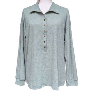 NEW Fashion Green Olive Half Button Down Blouse Collared Shirt Women Size Large